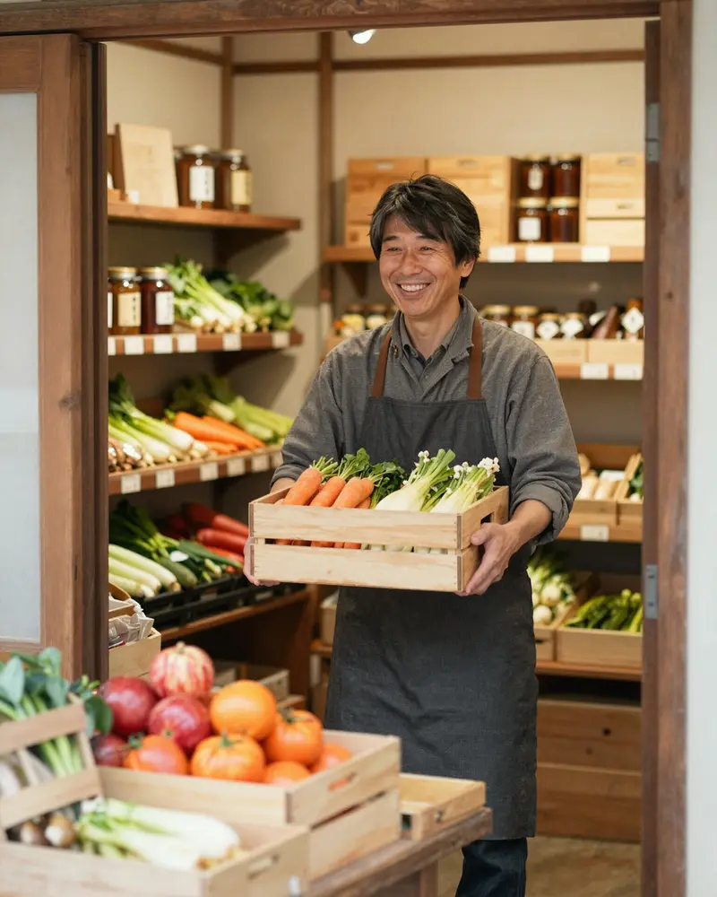 野菜の箱を持つ店主