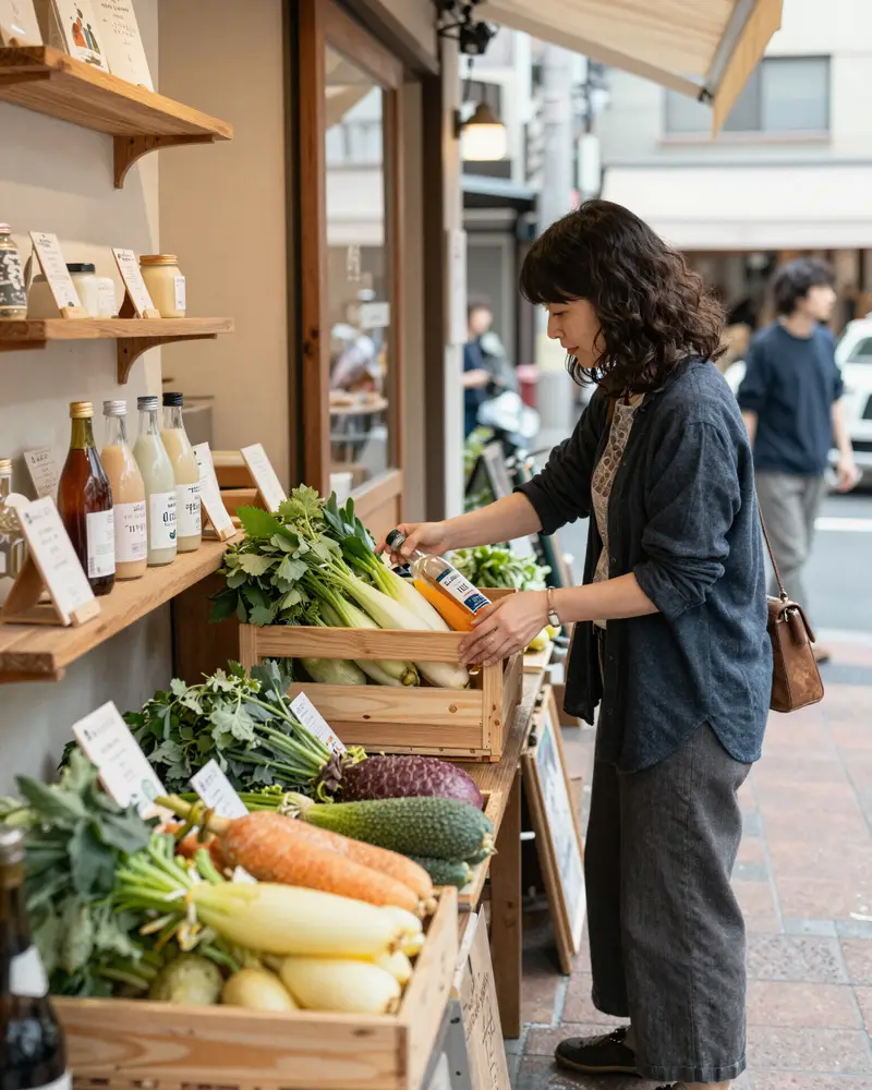 店先で野菜を選ぶ人